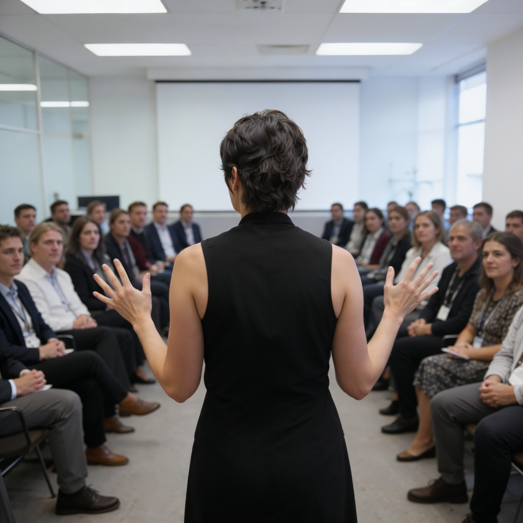 Speaker addressing an audience during a corporate presentation.