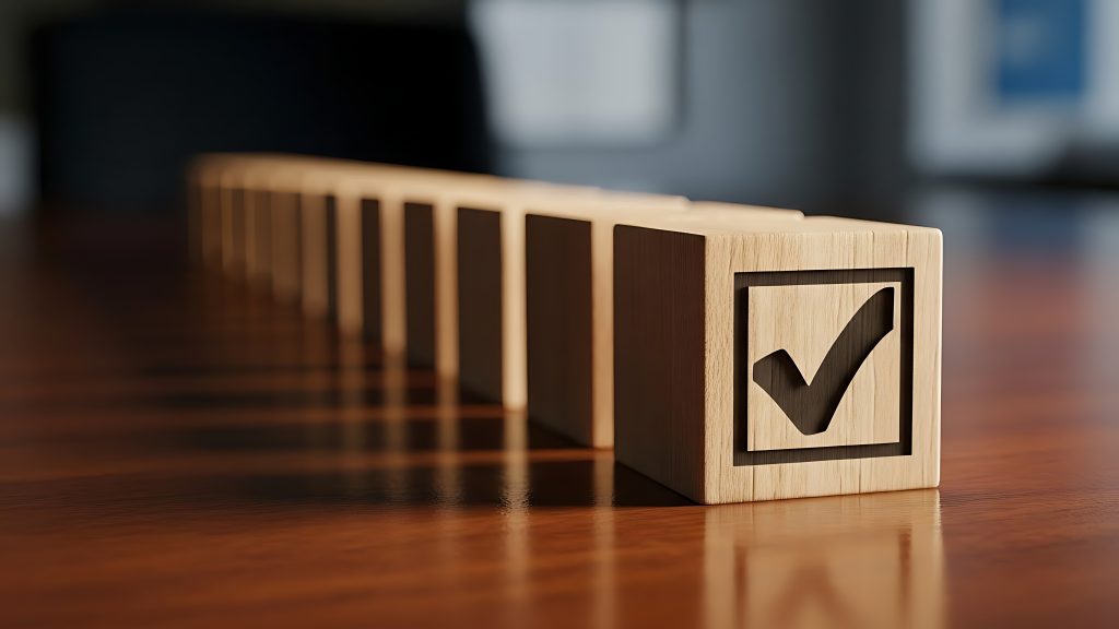 Row of wooden blocks forming checkmarks like a completed task list.