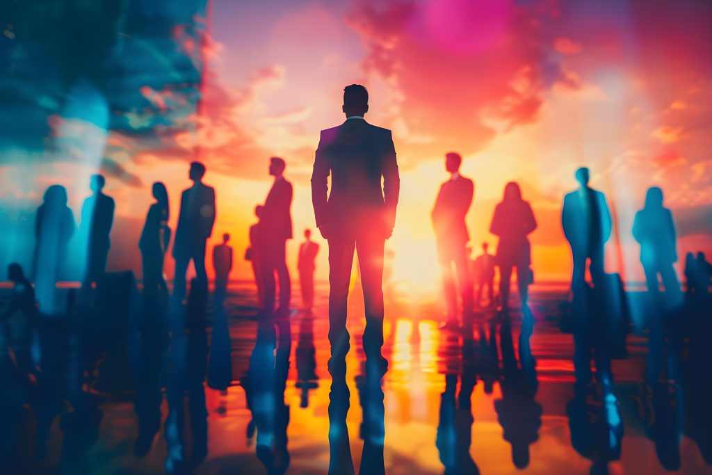 Silhouetted group of people standing against a colorful sunset background.