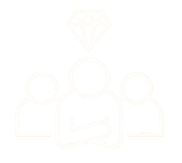 A white graphic of three people with a diamond on top of them.