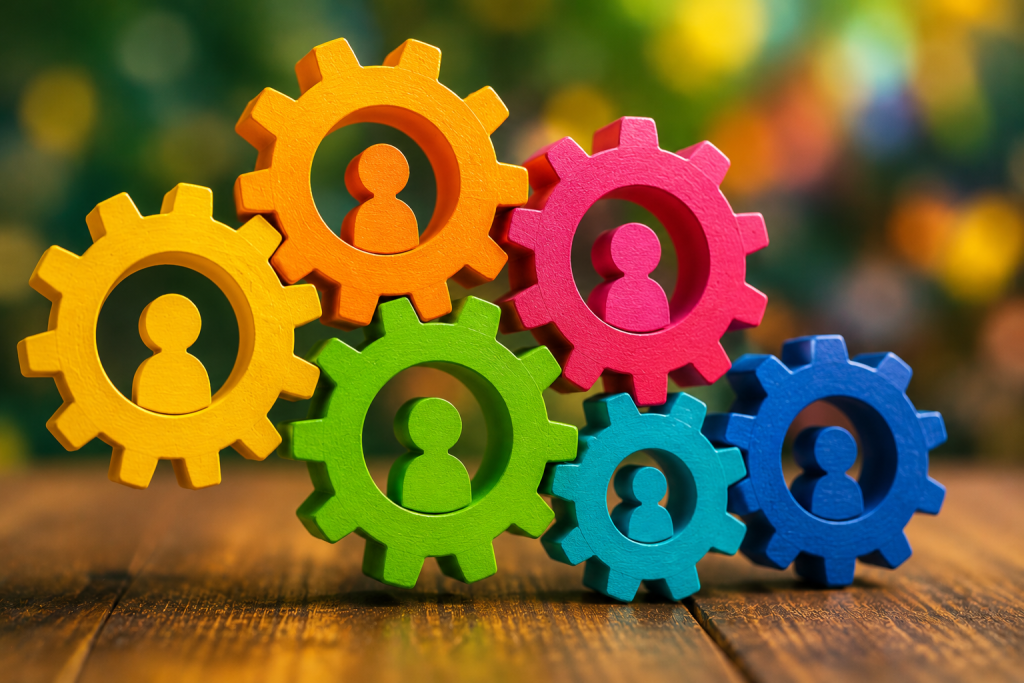 Six brightly colored wooden gears with silhouettes of people in them sit on a wooden table.