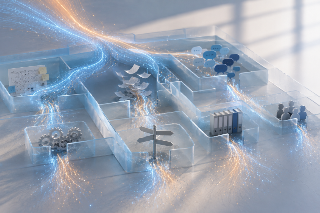 Blue and yellow light weaves through a model of an office with icons of people, speech bubbles, and papers inside of it.
