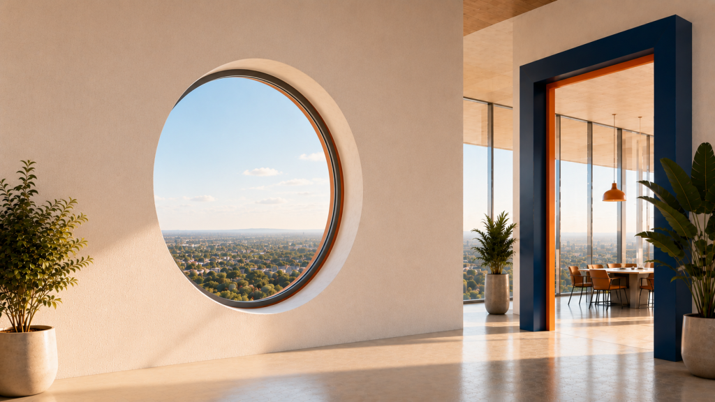 A bright modern office with a large circular window overlooking a city skyline, symbolizing self-discovery and new perspectives.