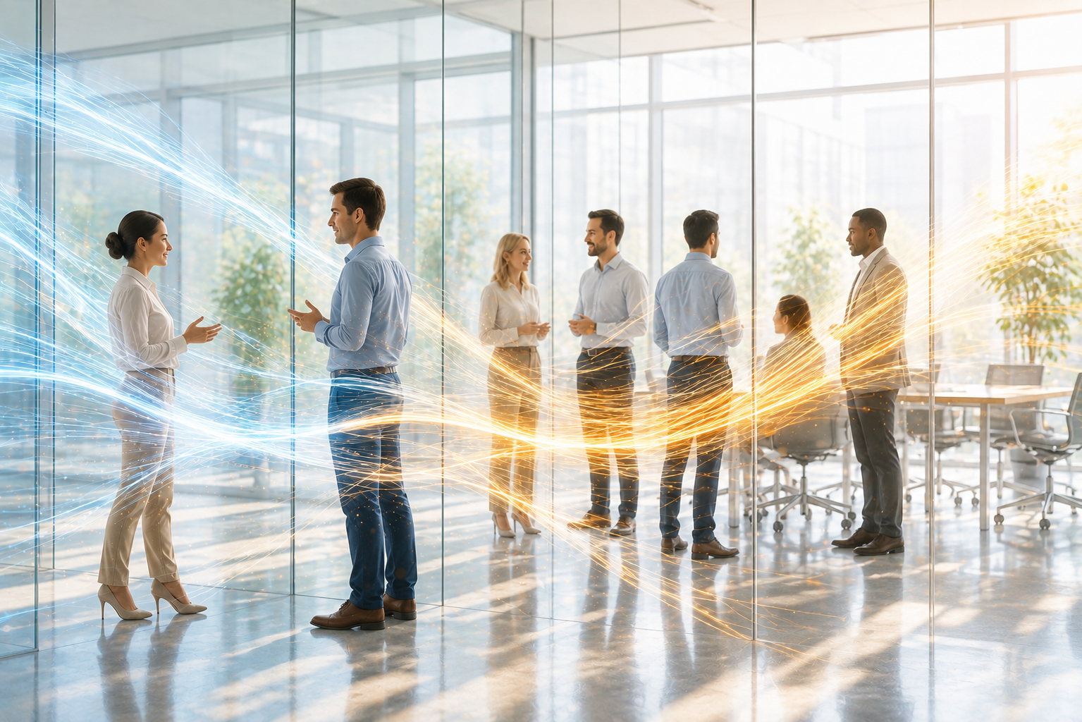Blue and gold light beams flow around coworkers conversing with each other in a bright office space.