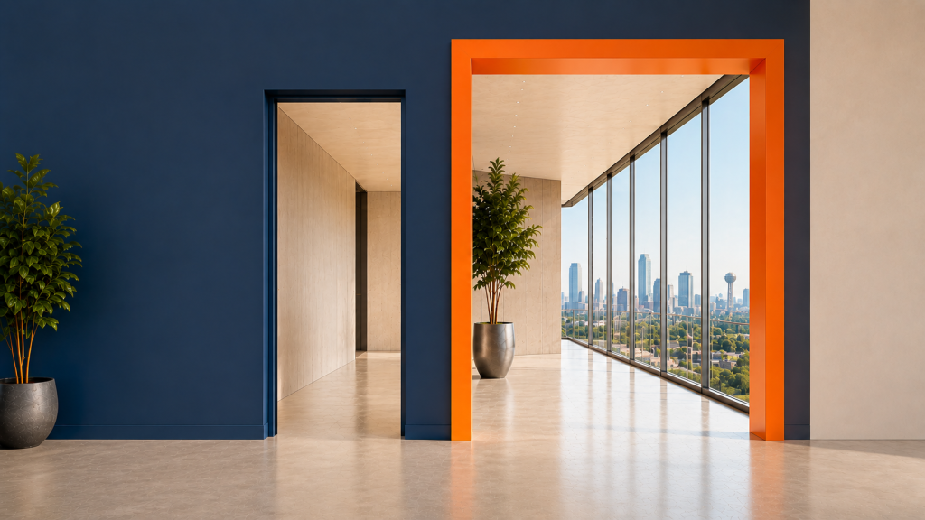 A modern office corridor with a brightly colored doorway framing a view of the city skyline, representing growth and opportunity.
