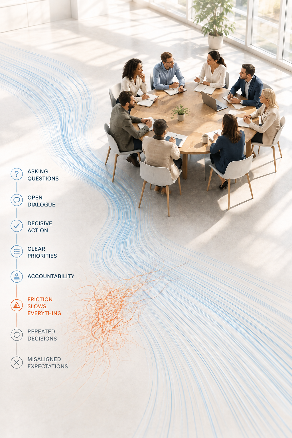 A flowchart showing how communication can be disrupted, next to a group of coworkers sitting around a table.