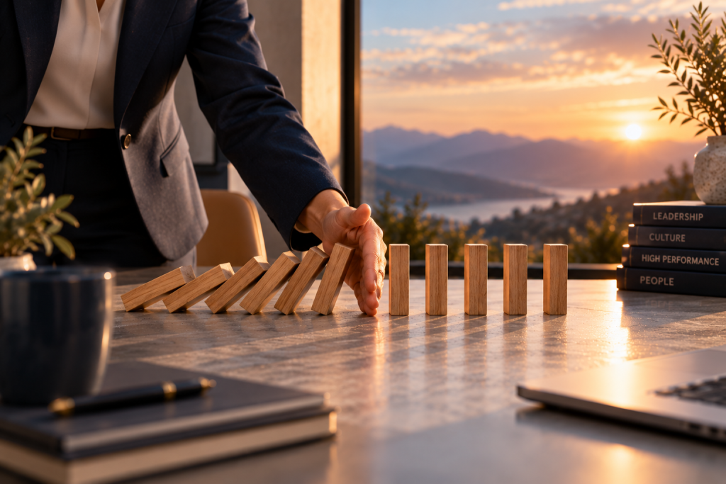 A person in a blue suit uses their hand to prevent falling wooden blocks from hitting a row of standing ones.