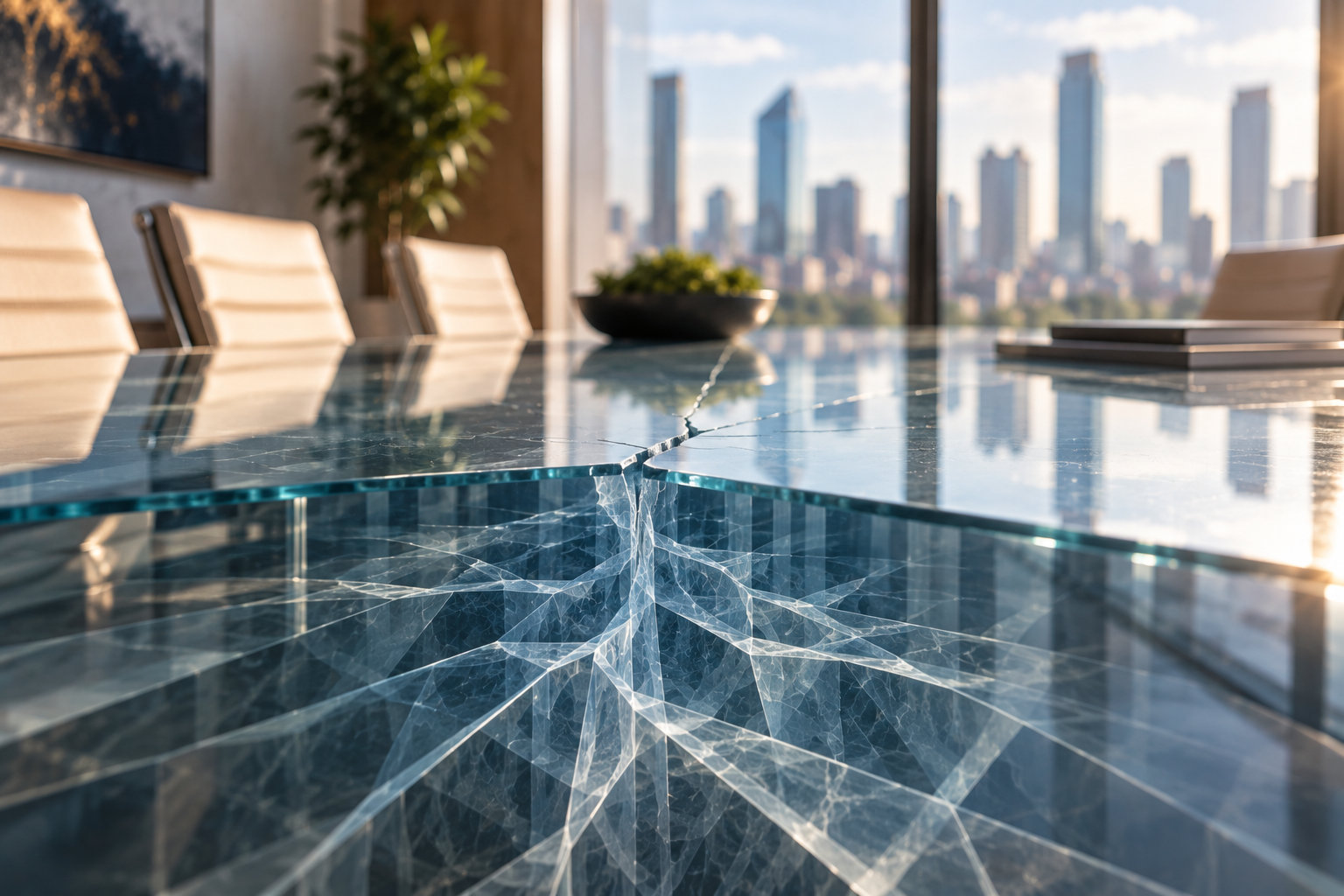 A close-up of a cracking glass conference table.